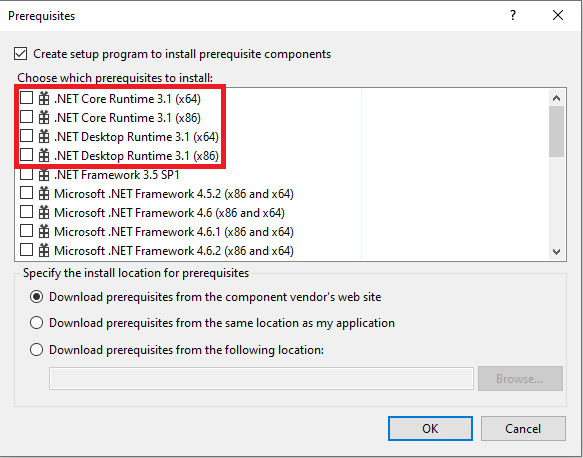 .NET Core items in the Prerequisites dialog