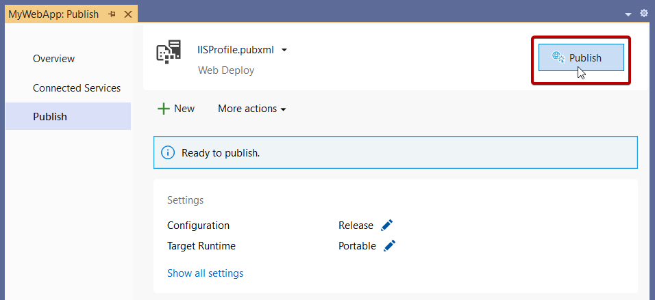 Screenshot showing the Publish wizard, publish to IIS summary page.