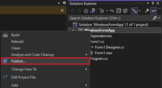 The Publish command on the project context menu in Solution Explorer