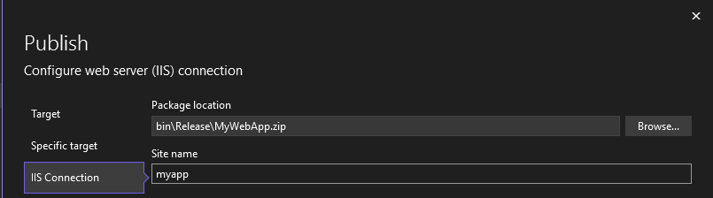 Screenshot showing the Publish wizard screen to publish to IIS with the Web Deploy Package option.