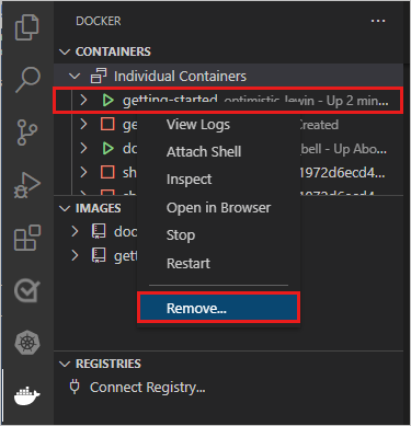 Screenshot shows the Docker extension with a container selected and a context menu with Remove selected.