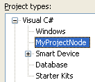 Screenshot of the Project types folder tree in the New Project dialog box with MyProjectNode highlighted under the expanded Visual C# project node.