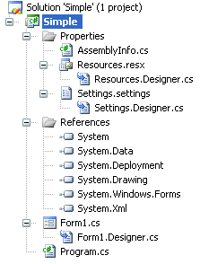 Screenshot of the Windows application folder structure for the 'Simple' Solution in the Visual Studio Solution Explorer.