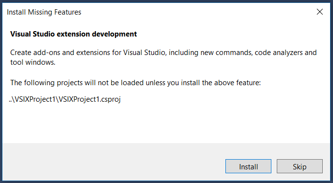 Screenshot showing the Visual studio dialog to Install extension development workload.