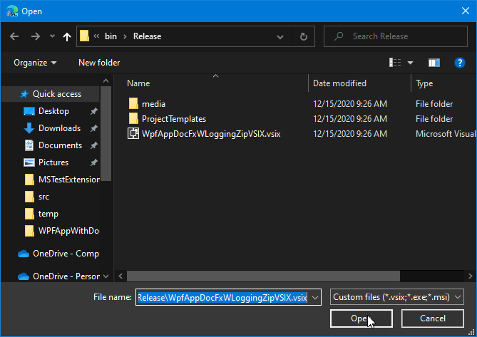 Screenshot that shows selecting an uploaded extension file in File Explorer.