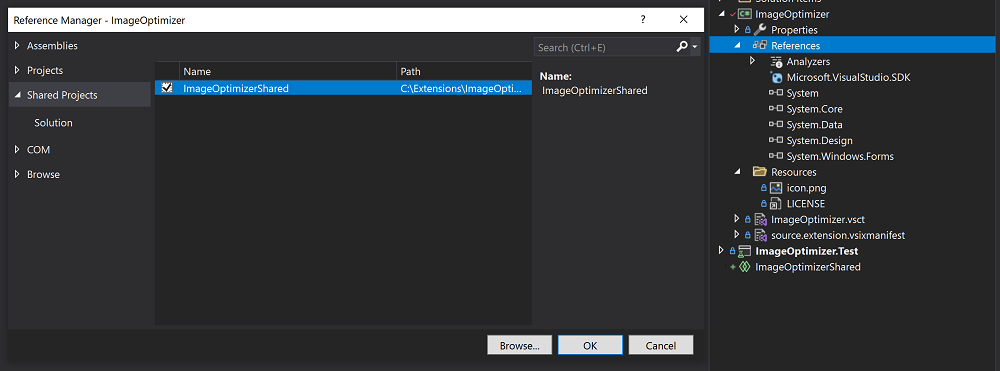 Screenshot that shows selections for adding a shared project reference.