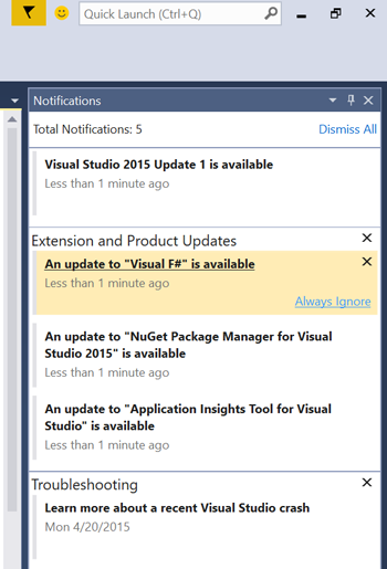 Visual Studio Notifications window