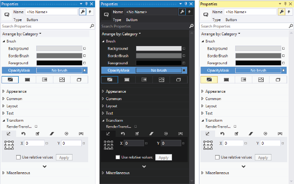 Properties window in Light (left), Dark (center), and Blue (right) themes