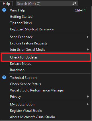 Screenshot of the Check for Updates menu in Visual Studio Help menu.