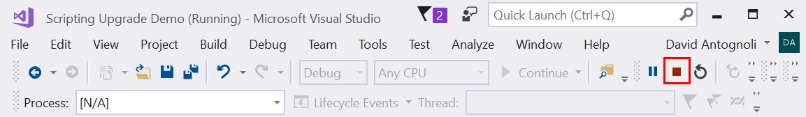 Screenshot of the Stop button in Visual Studio.