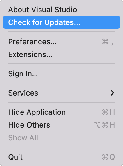 Screenshot of the Check for Updates menu in Visual Studio Help menu.