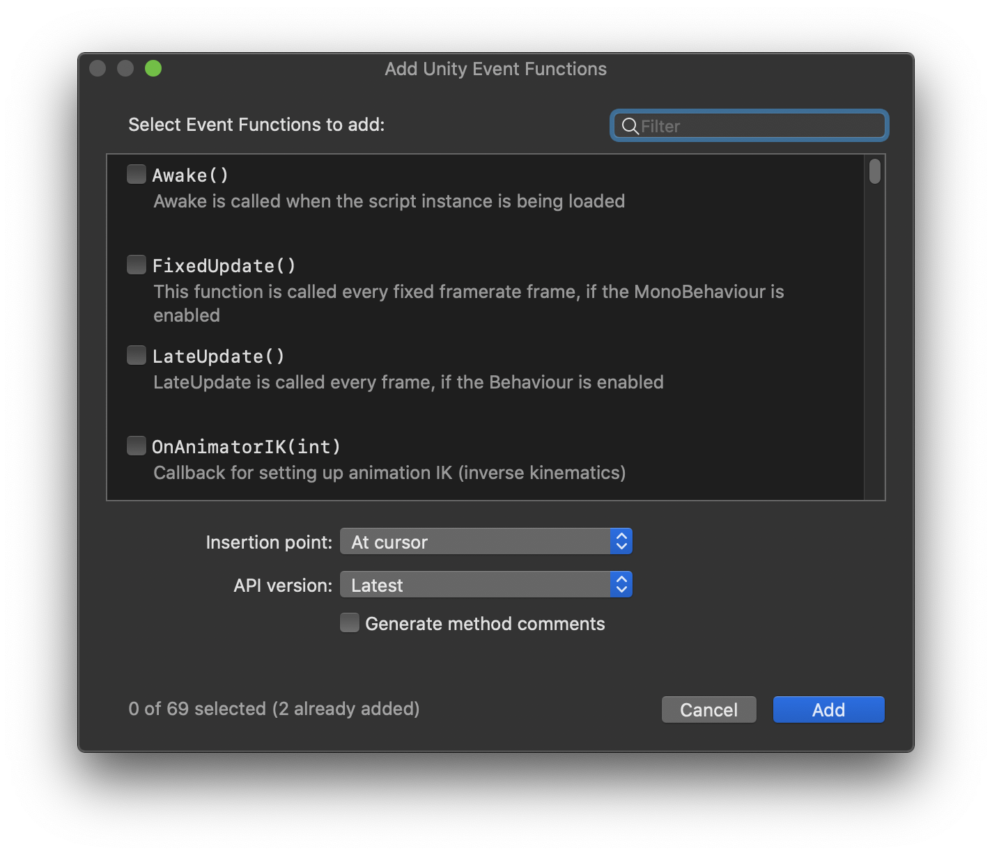 Screenshot of the monobehavior wizard dialog in Visual Studio for Mac.