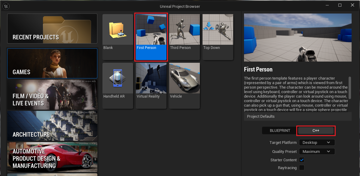 Screenshot of the Unreal Engine editor new project dialog. First Person is selected, and the BlueEpic Games installation options. Editor symbols for debugging is selected.