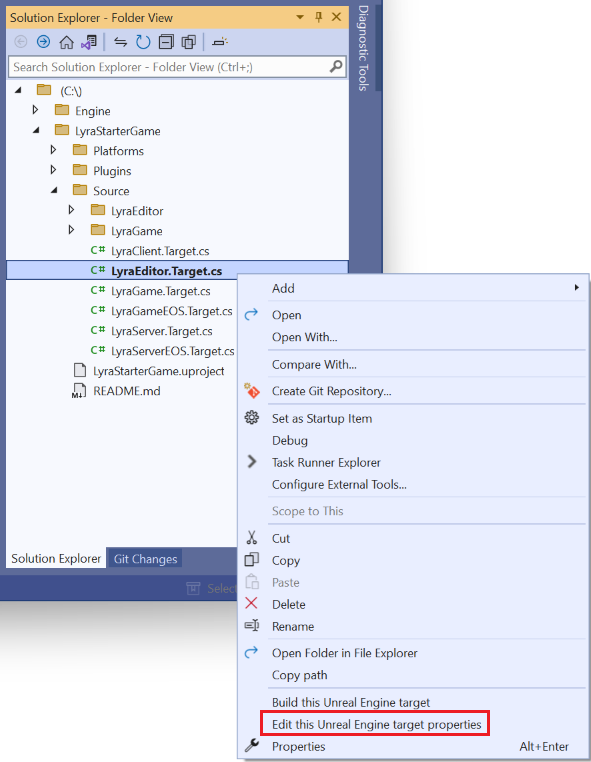 A screenshot of a right click on the LyraEditor.Target.cs solution explorer item.