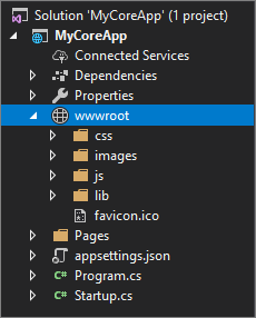 Screenshot shows the w w w root folder selected in the Solution Explorer in Visual Studio.