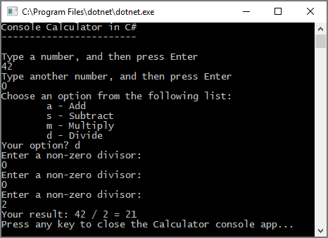 Screenshot of a Console window with a repeated prompt to provide a nonzero number.