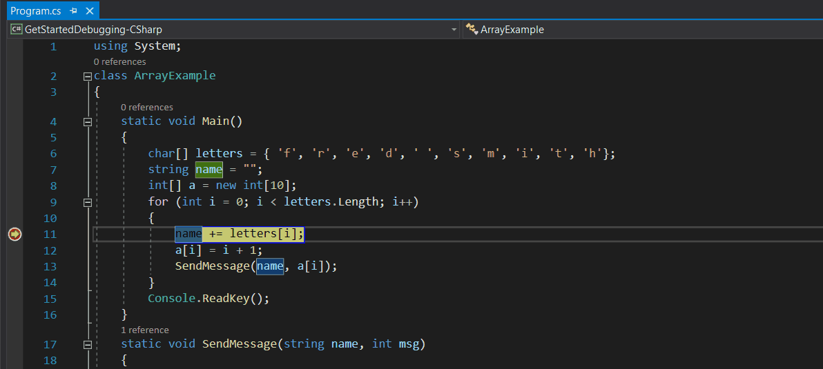 An animated screenshot of the Visual Studio Debugger showing the effect of pressing F10 to "Step Over" and iterate through a loop during debugging.