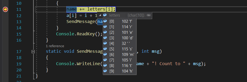 Screenshot of the debugger paused at the 'name+= letters[I]' statement.