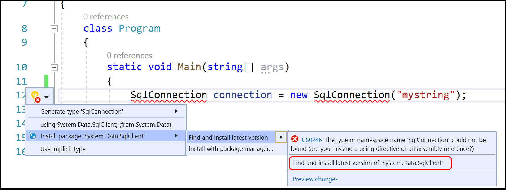 Screenshot of a light bulb to install a NuGet package.