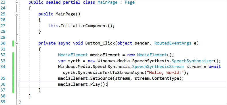 Screenshot showing the C# code for the new async Button_Click event handler.