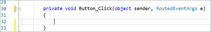 Screenshot showing the C# code for the default Button_Click event handler.