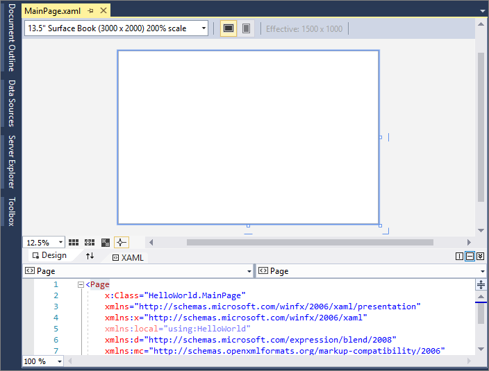 Screenshot showing MainPage.xaml open in the Visual Studio IDE. The XAML Designer pane shows a blank design surface and the XAML Editor pane shows some of the XAML code.