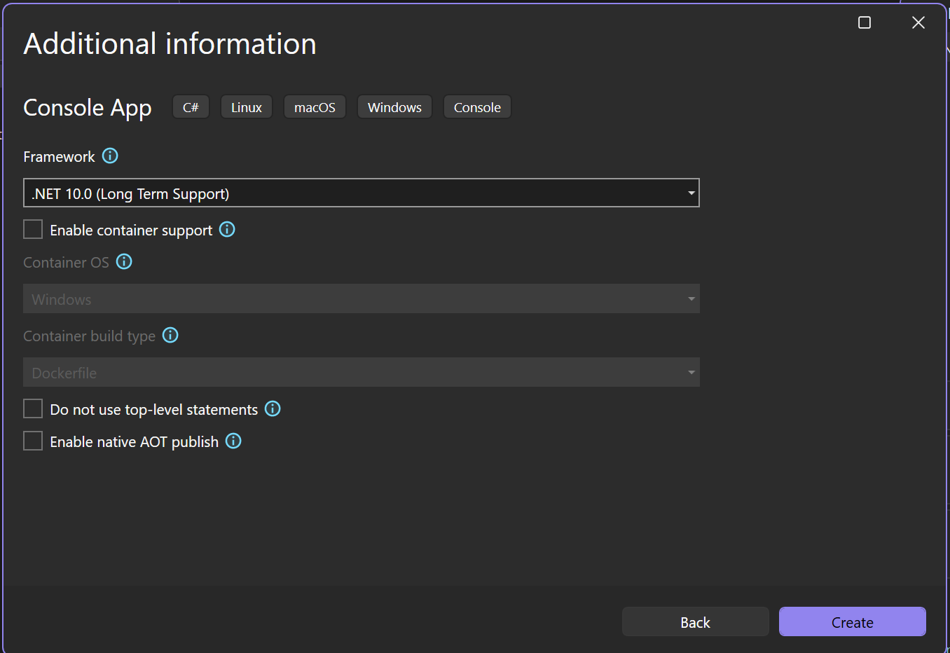 Screenshot of the Additional information window in Visual Studio that shows .NET 10.0 selected as the target framework for the new project.