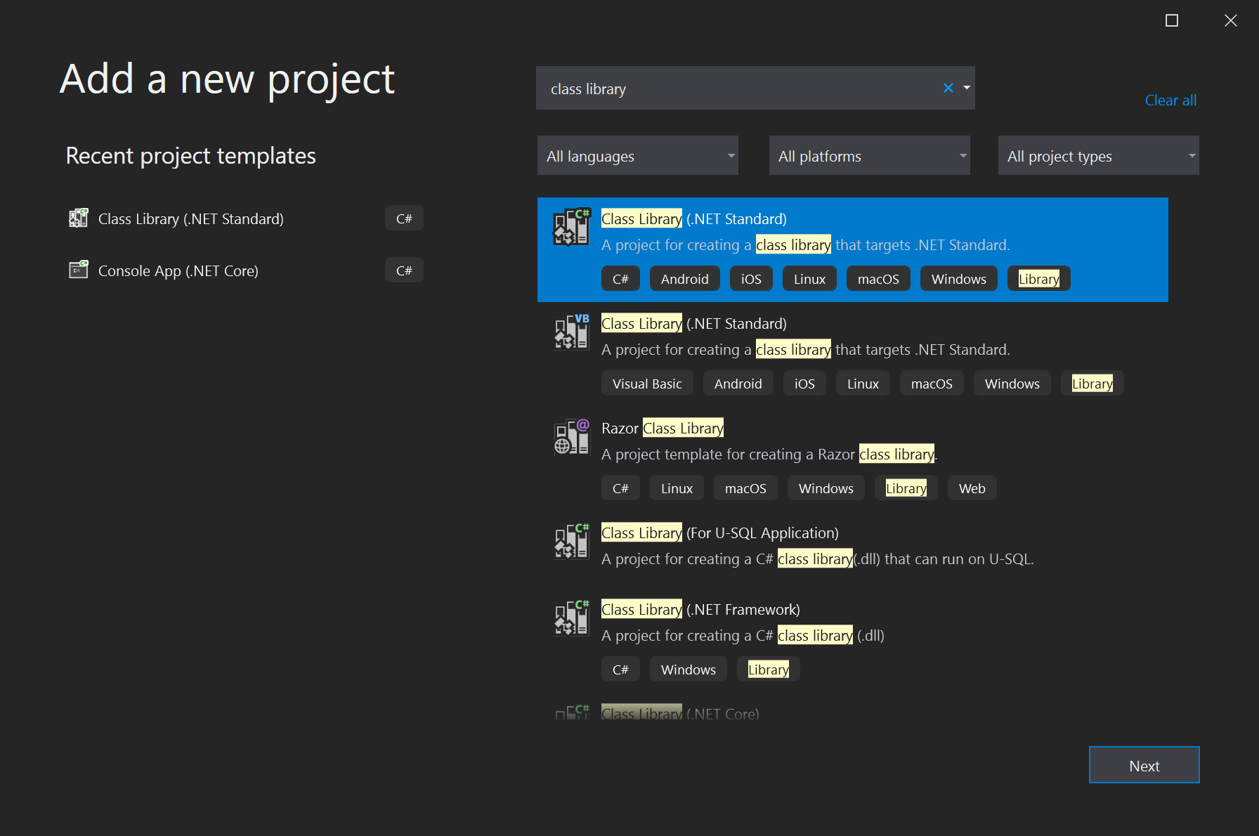 Screenshot of Class Library project template selection.