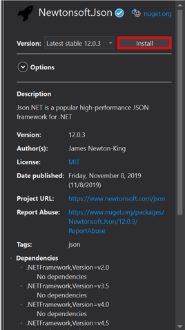 Screenshot of Newtonsoft J SON NuGet package information in the NuGet Package Manager.