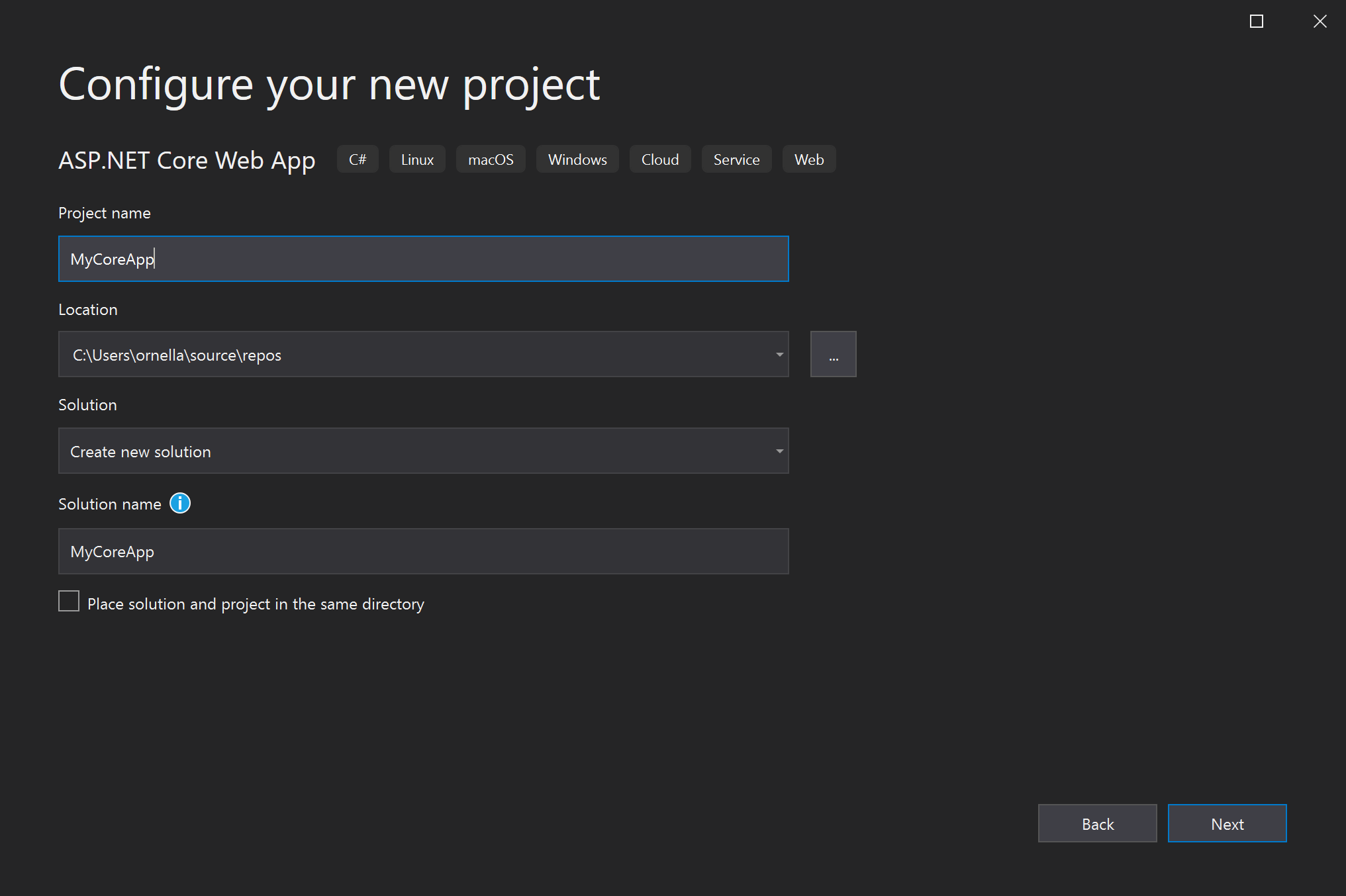 Screenshot that shows the Configure your new project window in Visual Studio with MyCoreApp entered in the Project name field.