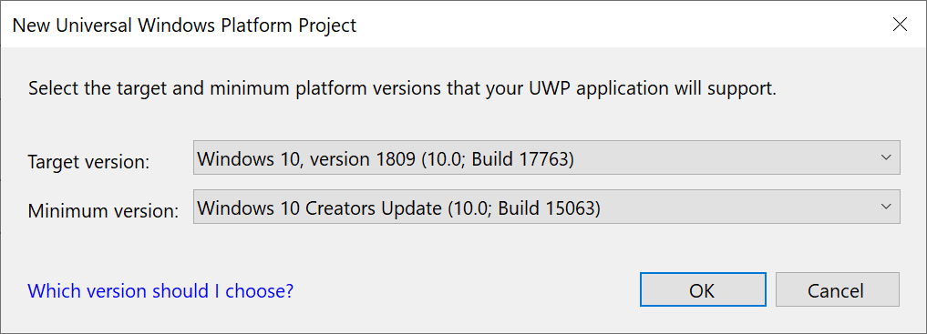 Screenshot of the New Universal Windows Platform Project dialog box showing the default Target version and Minimum version settings.