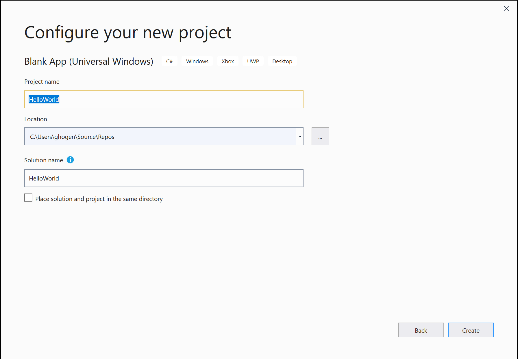 Screenshot of the 'Configure your new project' dialog with 'HelloWorld' entered in the Project name field.