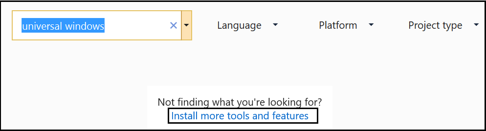 Screenshot of the Create a new project window showing the 'Install more tools and features' link.