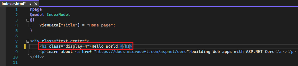 Screenshot shows the Index.cshtml file in the Visual Studio code editor with the 'Welcome' text changed to 'Hello World!'.