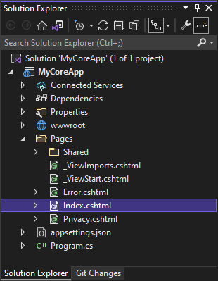 Screenshot shows Index.cshtml selected under the Pages node in the Solution Explorer.
