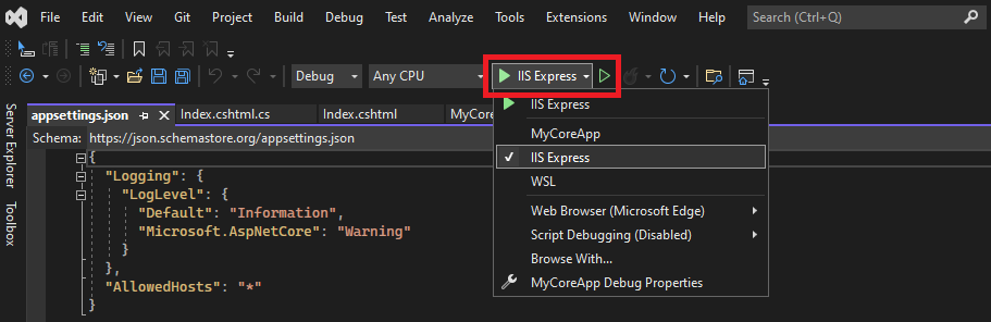 Screenshot shows the I I S Express button highlighted in the toolbar in Visual Studio.