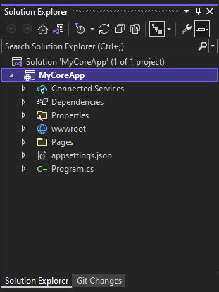 Screenshot shows the MyCoreApp project selected and its content in the Solution Explorer in Visual Studio.