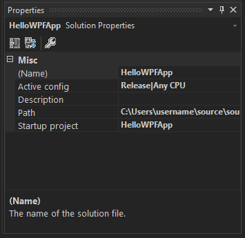 Screenshot of the Properties window showing the Misc section of the Solution Properties for the HelloWPFApp project.