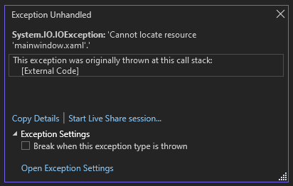 Screenshot of the Output window showing a System.IO.IOException with the message 'Cannot locate resource mainwindow.xaml'.