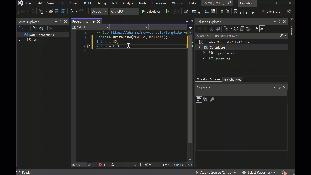 Animation of integer math code that shows the IntelliSense autocomplete feature in the Visual Studio IDE.
