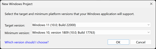 Screenshot of the New Universal Windows Platform Project dialog box showing the default Target version and Minimum version settings.