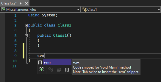 Screenshot of an IntelliSense pop-up for a code snippet in Visual Studio 2022.