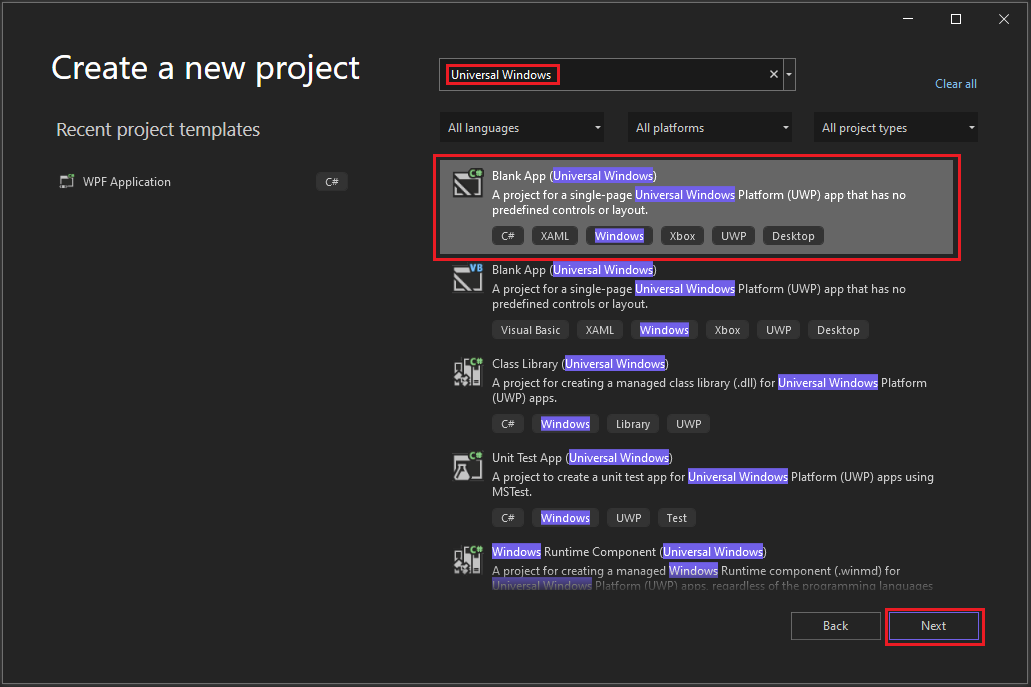 Screenshot of the 'Create a new project' dialog with 'Universal Windows' entered in the search box, and the 'Blank App (Universal Windows)' project template highlighted.