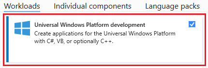 Screenshot of the Visual Studio Installer showing the Universal Windows Platform development workload.