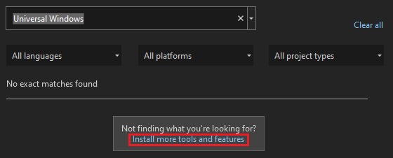 Screenshot of the Create a new project window showing the 'Install more tools and features' link.