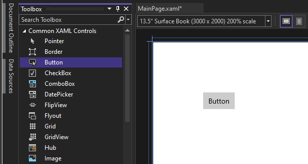 Screenshot showing 'Button' highlighted in the Toolbox window and a Button control on the design canvas.