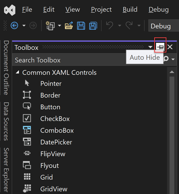 Screenshot showing the Pin icon highlighted in the top bar of the Toolbox window.