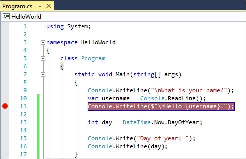 Screenshot that shows a breakpoint on a line of code in Visual Studio.