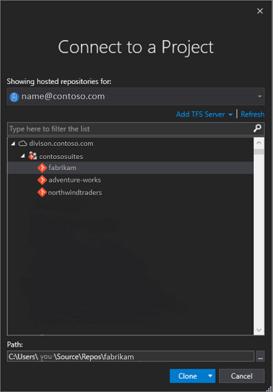 Screenshot of the 'Connect to a Project' dialog box that's generated from Visual Studio 2019 version 16.7 and earlier