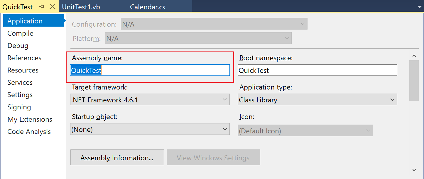 Screenshot showing the Application tab of the property pages for the QuickTest project. The Assembly name field is highlighted and the value is